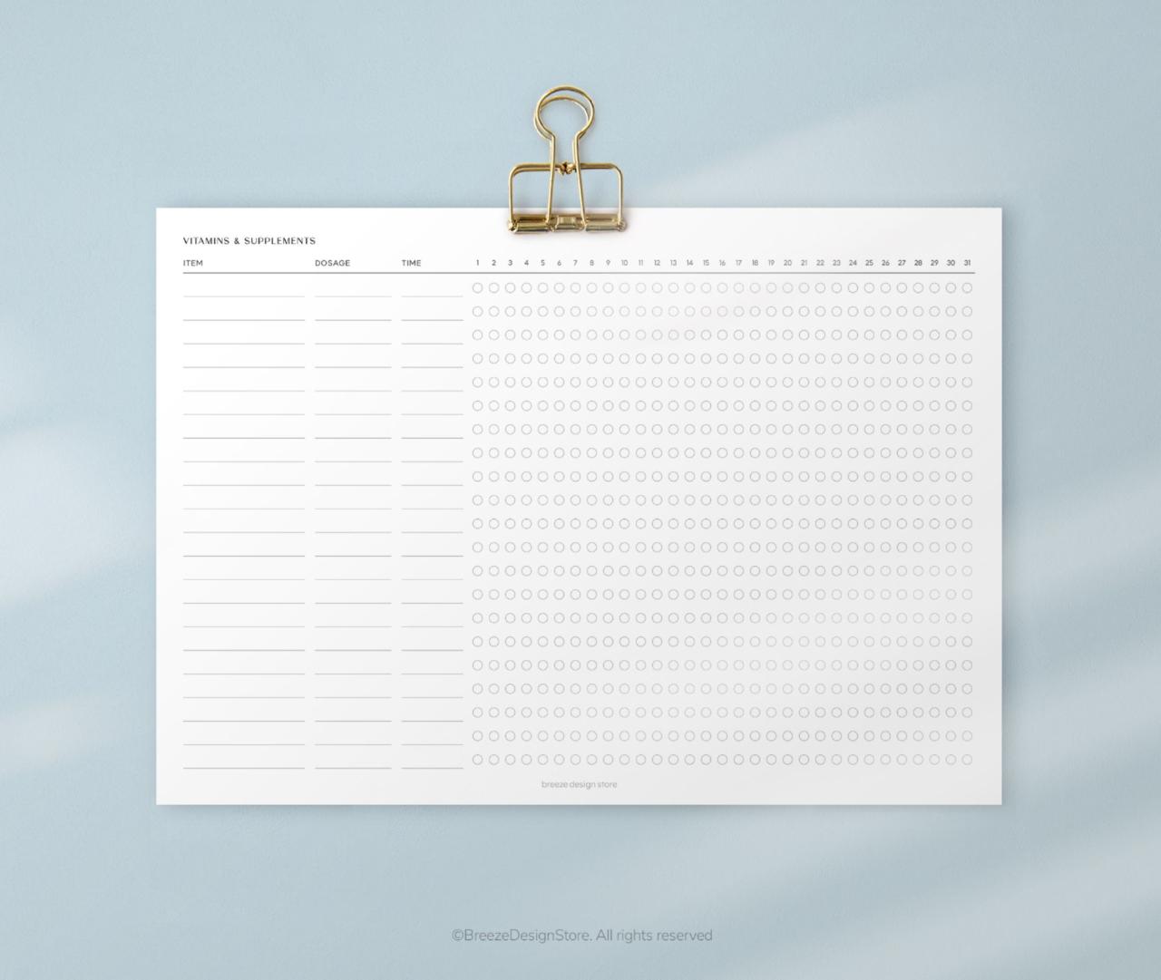 Vitamin supplement tracker printable a4 letter daily vitamin supplement ...